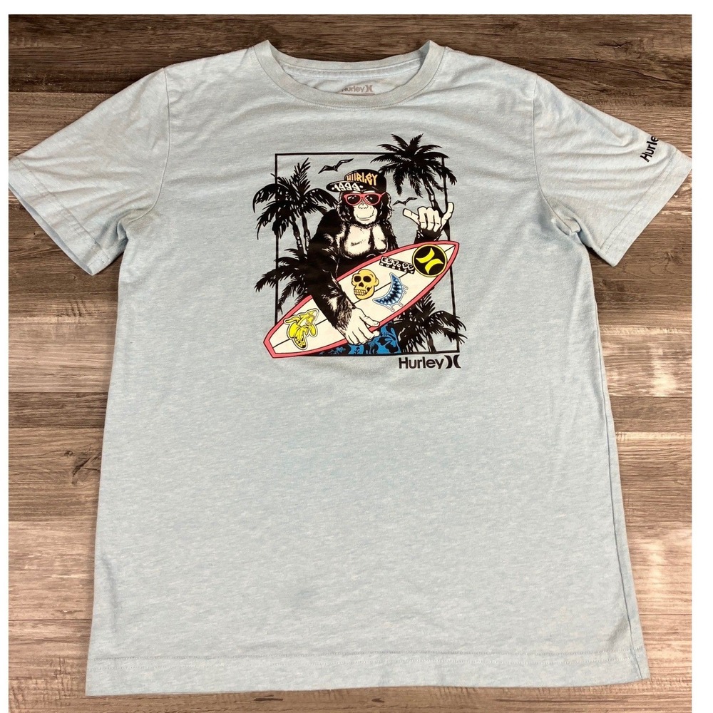 Hurley Boys Light Blue Surfing Gorilla Graphic T-Shirt Size L 12-13 Years